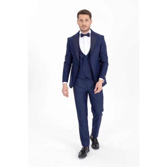 Derman Navy Satin Collar 3 Piece Tuxedo - Picture 4 of 6